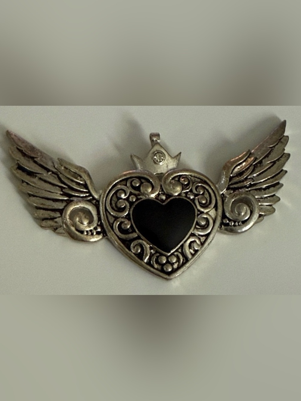 Wide Y2K Silver tone Winged Heart Pendant - Black Center for necklace